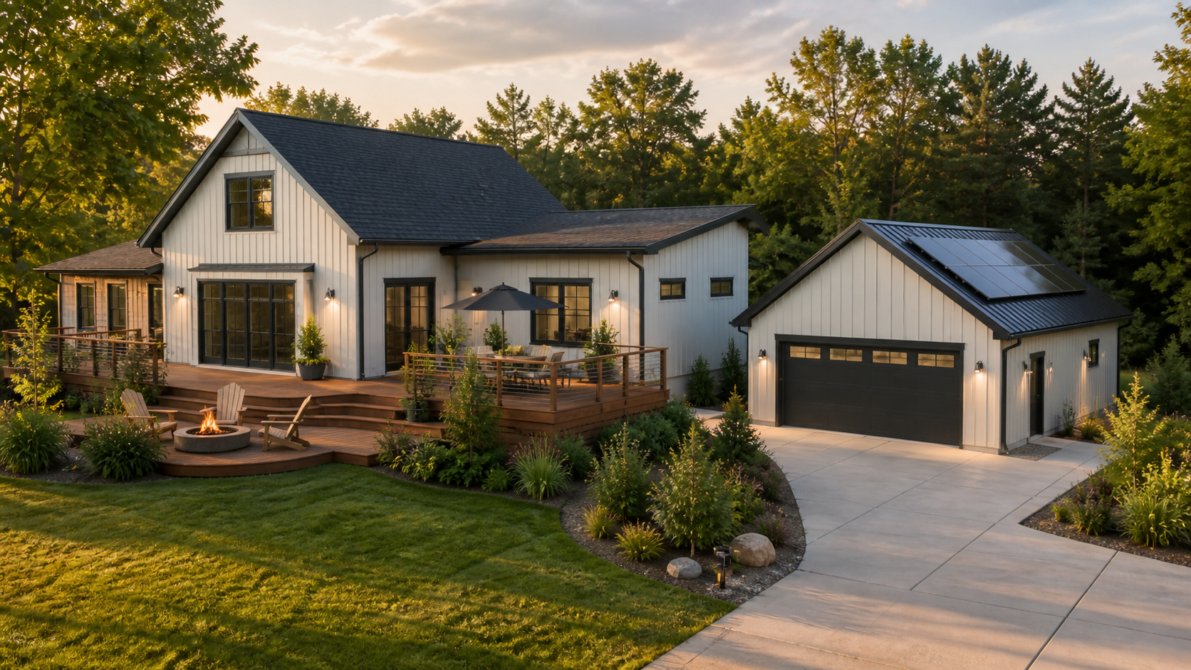 Greenbuild custom home addition with deck, garage, and landscaped outdoor living