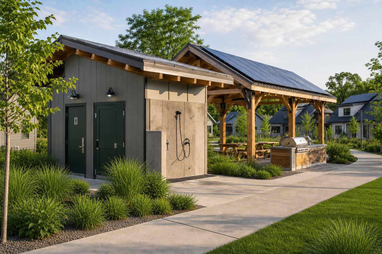 Greenbuild shared utility hub with solar timber pavilion, restroom, storage, and dog wash