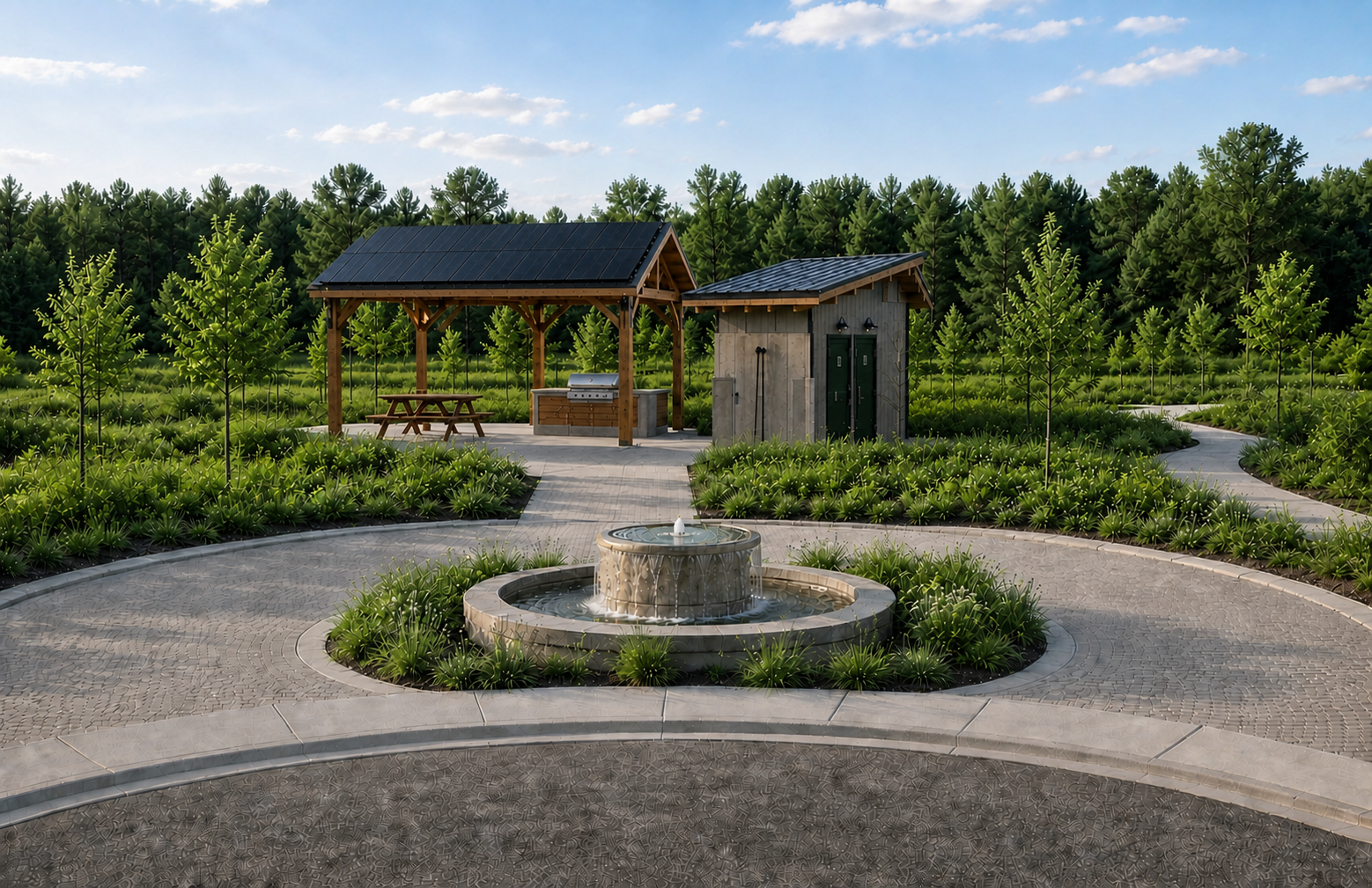 Greenbuild fountain arrival with solar pavilion, shared utility hub, paths, and common green space