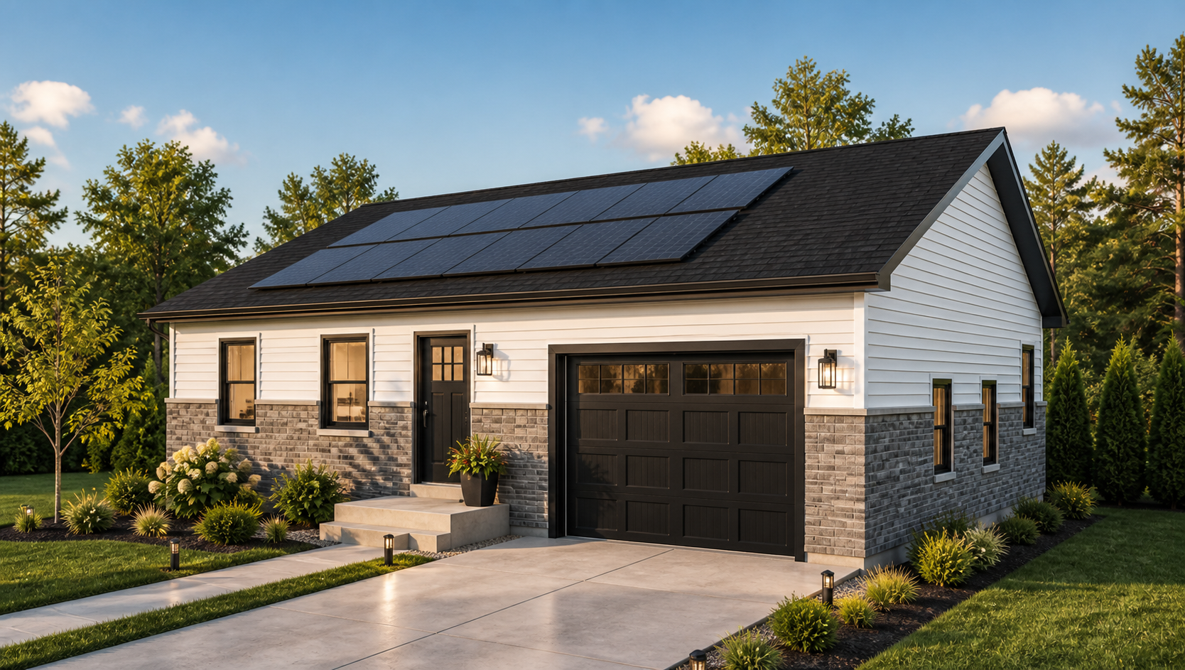 Greenbuild custom new home with roof solar, finished garage, driveway, and landscaped curb appeal