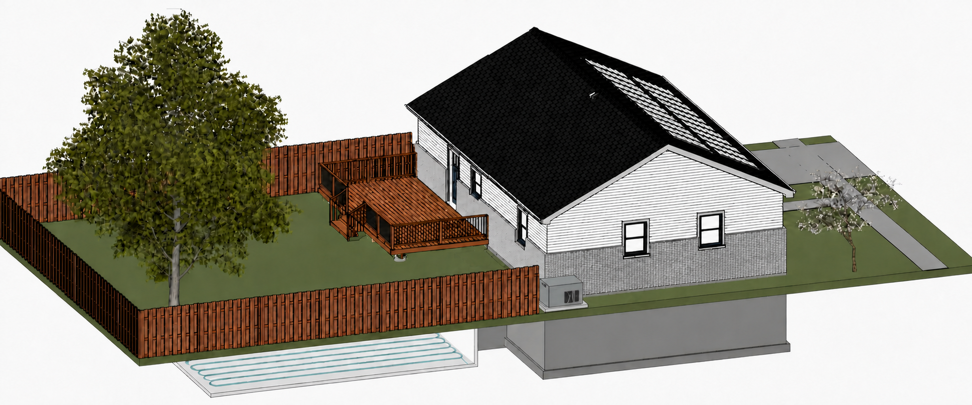 Greenbuild backyard rendering with geothermal loops, solar array, and side-yard standby generator