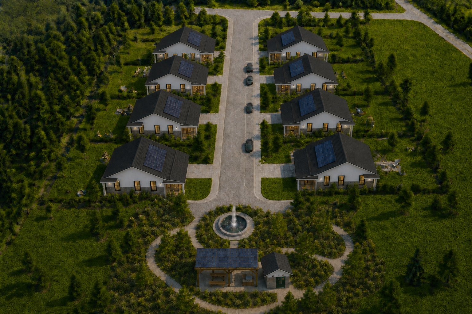 Greenbuild eight-home private-yard community concept with custom-style solar homes, low-pitch porch roofs, one-side parking, standalone fountain, shared pavilion, and utility hub