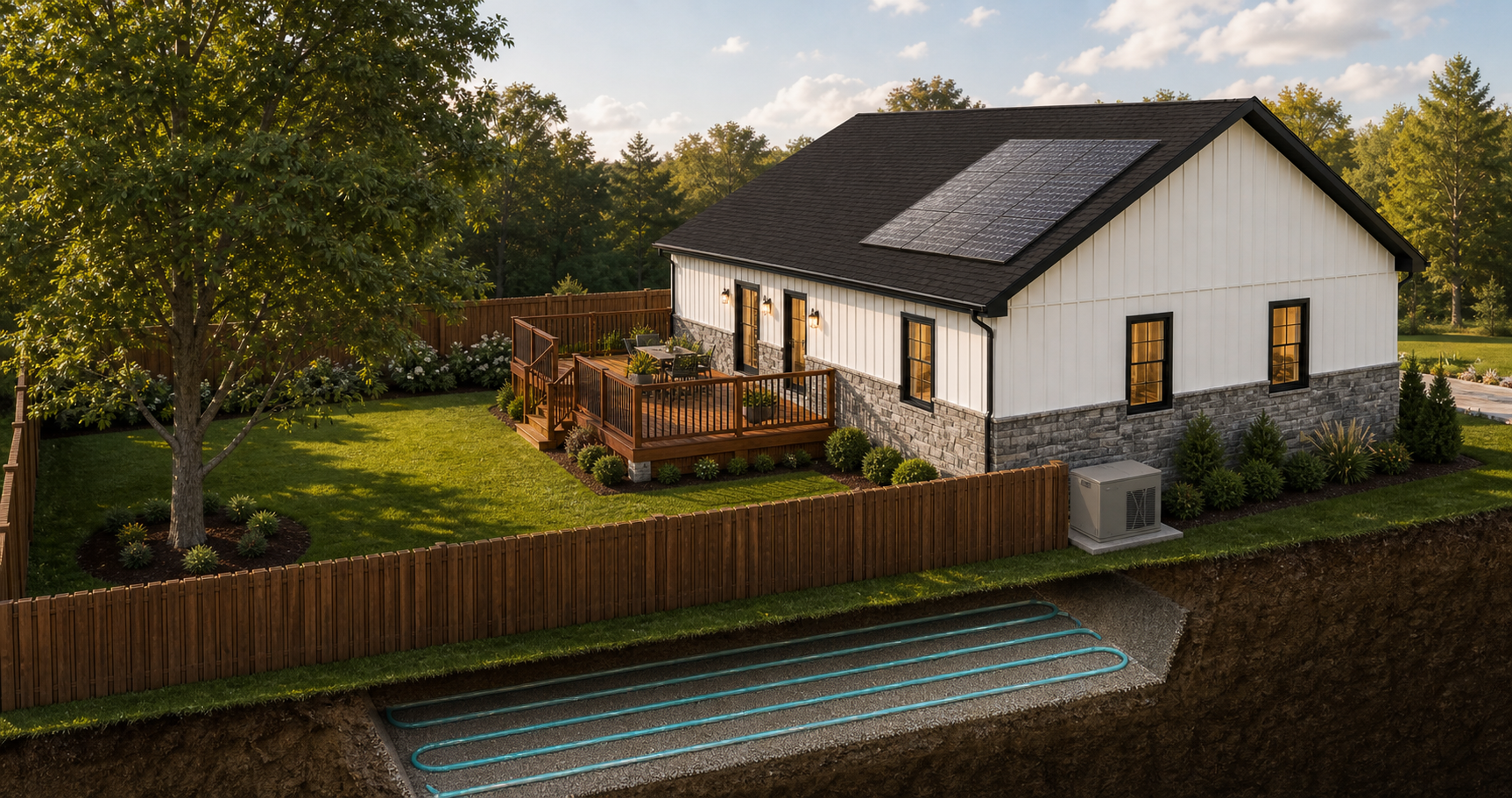 Greenbuild private outdoor living concept with geothermal loops, roof solar, and side-yard standby generator